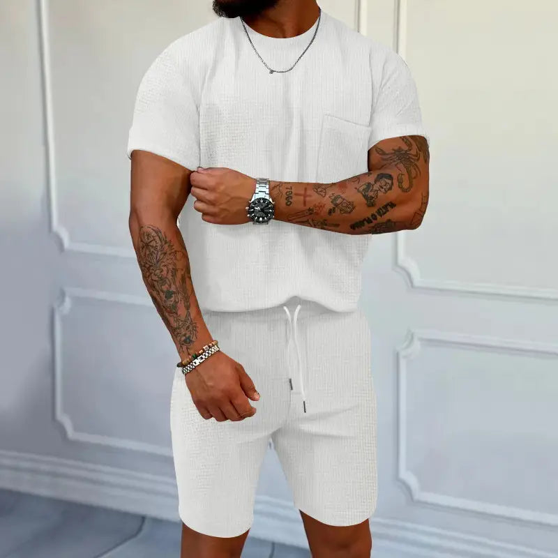 Waffle Round Neck Pocket Short-sleeved Shorts Casual Sports Suit