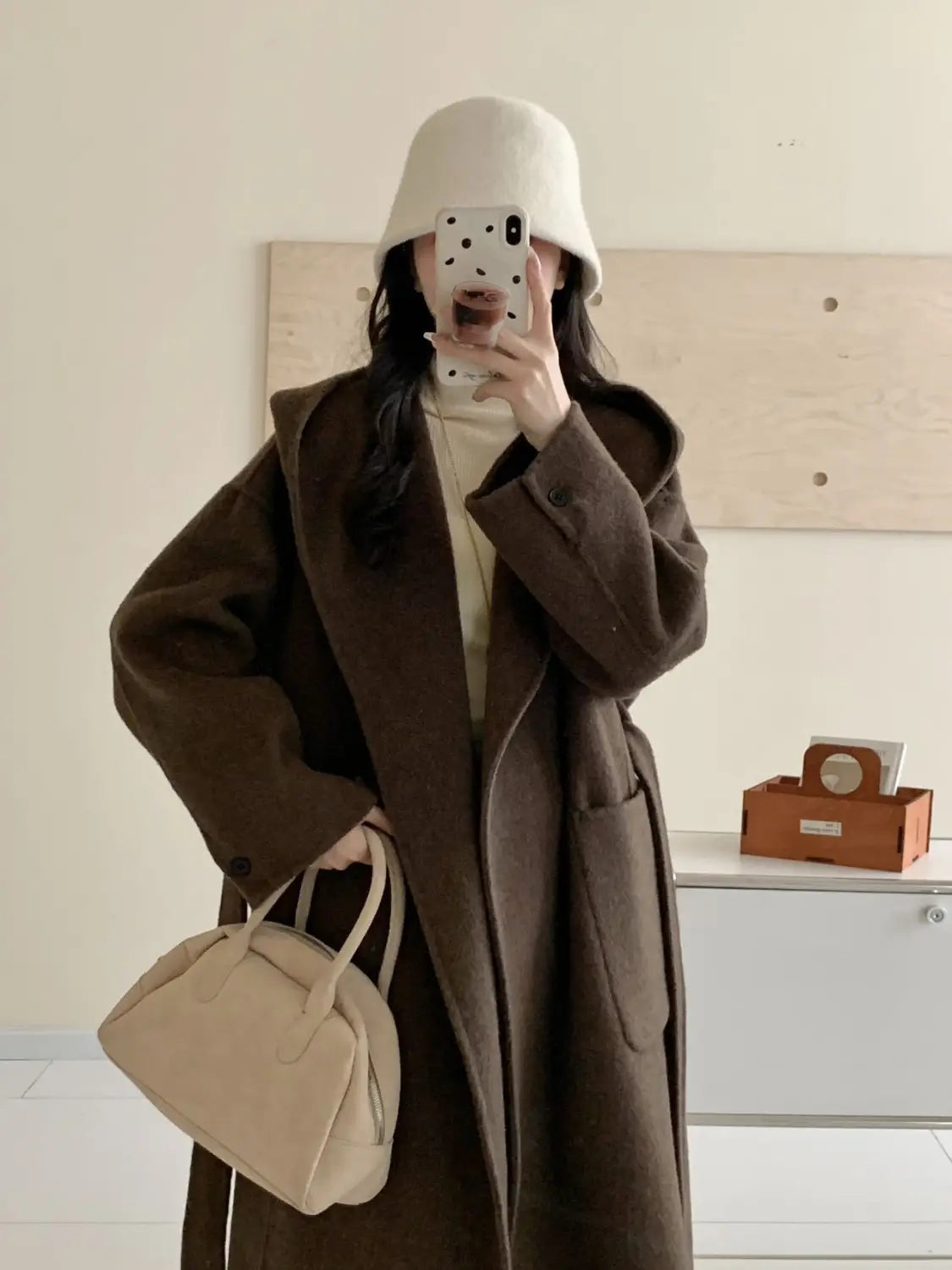 Solid Color Hooded Double-sided Wool Overcoat Women