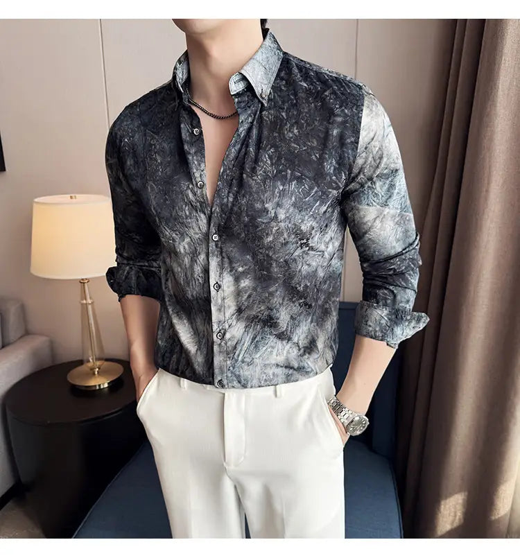 Trendy Tie-dye Printed Shirt Men’s Long Sleeve Spring Slim-fitting