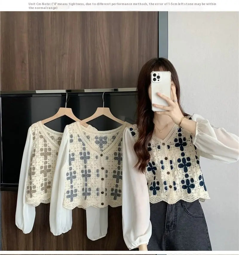 Hollow Lace Shirt Spring Fashion Long Sleeve Stitching