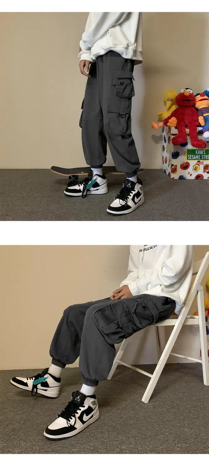 Early Spring Men’s Casual Pants Hong Kong Ctyle Loose Big Pocket Tooling Straight Leg Pants Korean Style Trend Wild