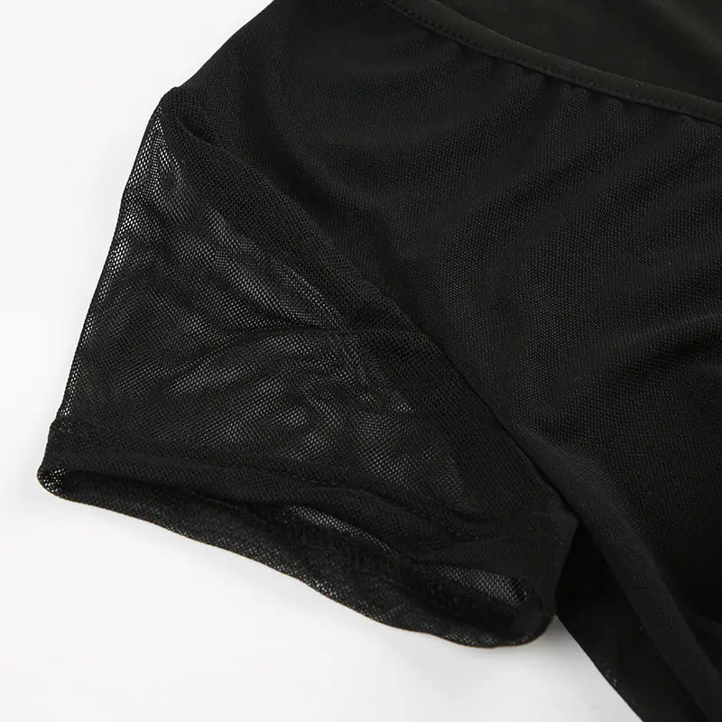 Deep V Design Small Pleated Pure Color Mesh Stitching Short Sleeve