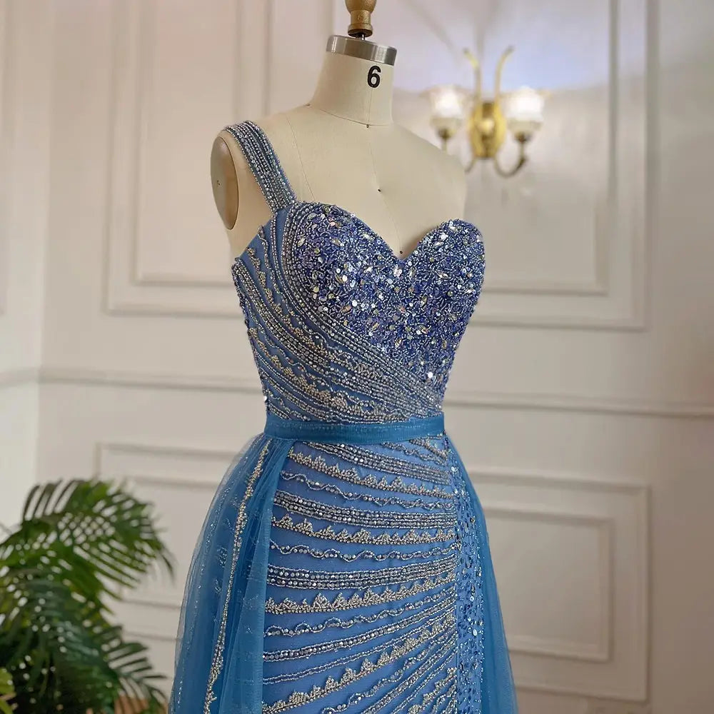 Blue Handmade Beaded Split Shoulder Fishtail Dress