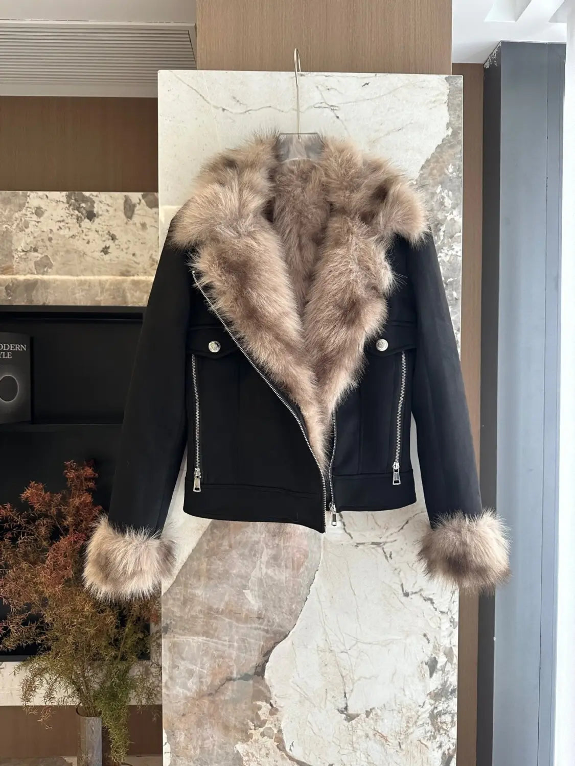 Winter Black Fur Motorcycle Warm Jacket