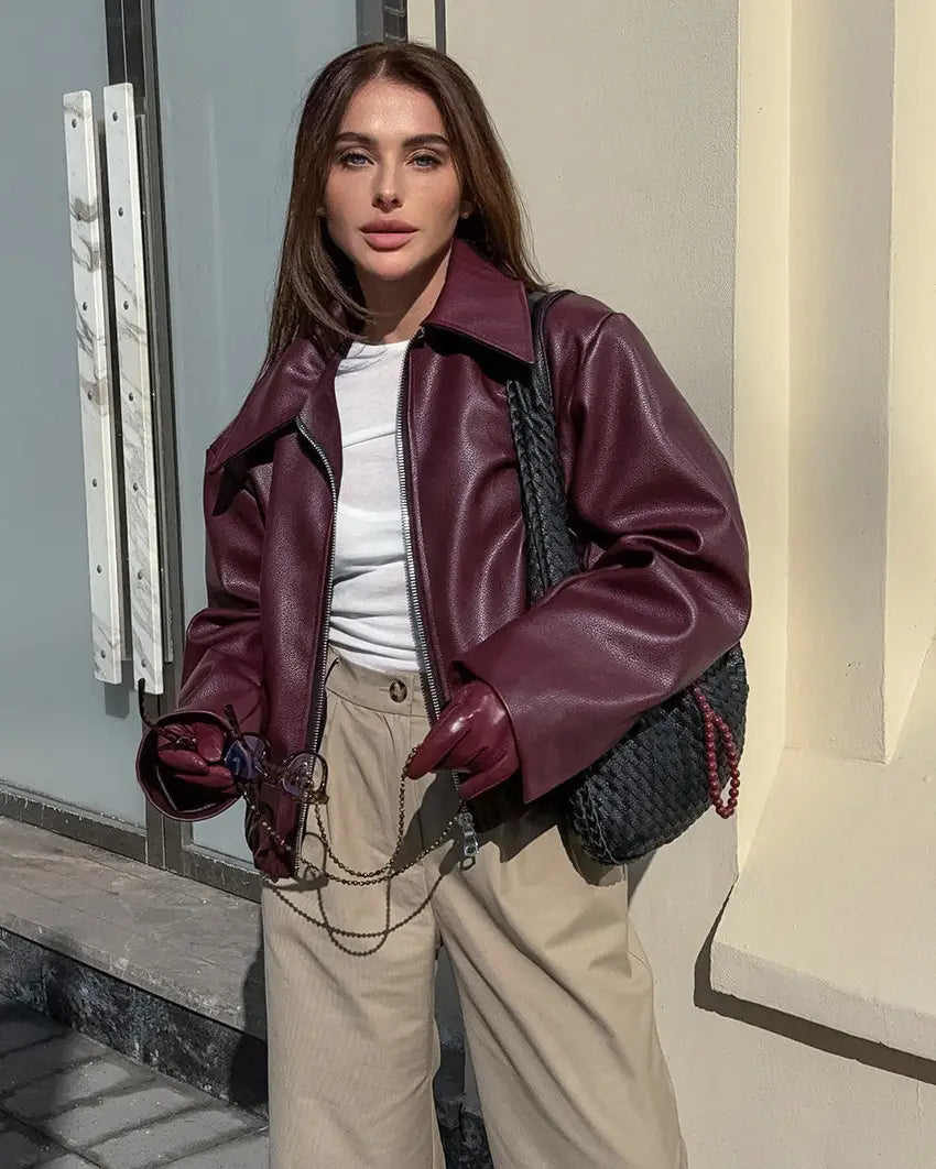Retro Biker’s Style Wine Red European And American Handsome Matte Leather Jacket Coat
