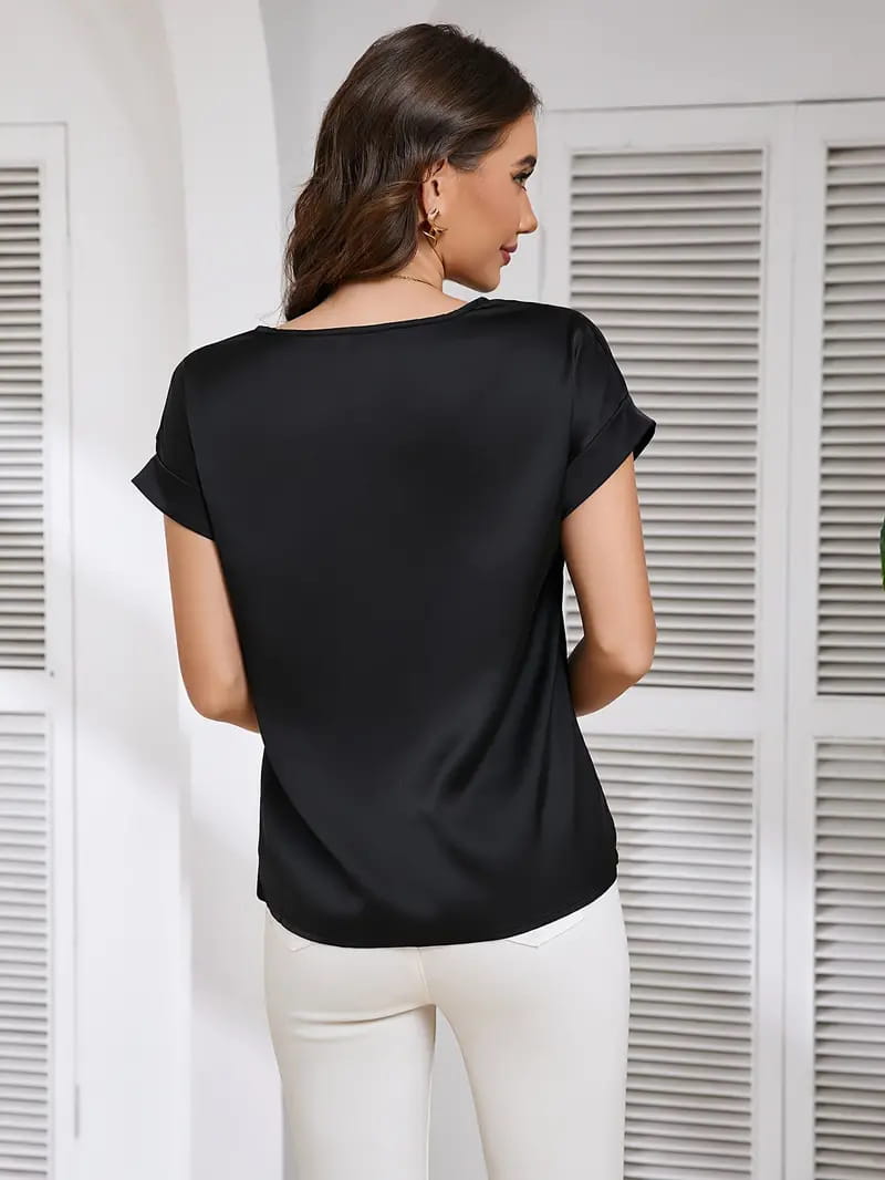 Round Neck Solid Color Smooth Surface Short Sleeve Loose