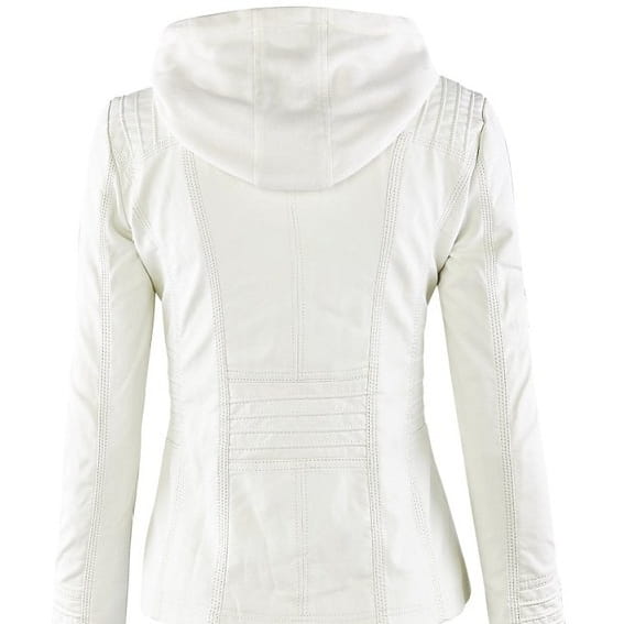 Women’s Detachable Lapel Long Sleeve Solid Color Zipper Leather Jacket Coat