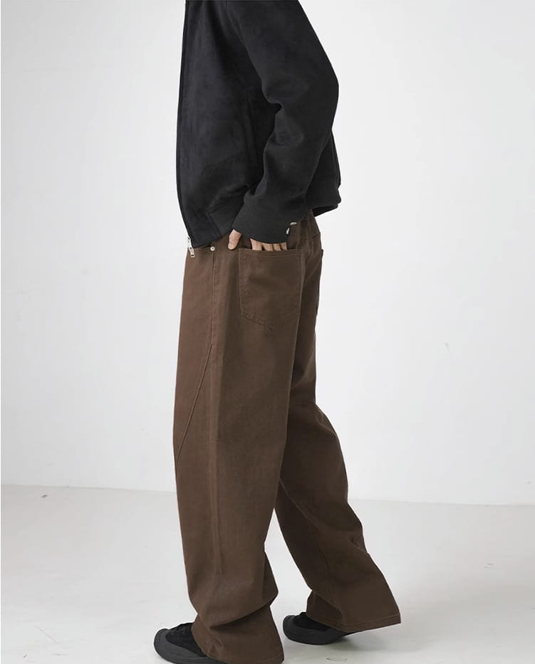 Washed Cotton Retro Brown Straight-leg Trousers