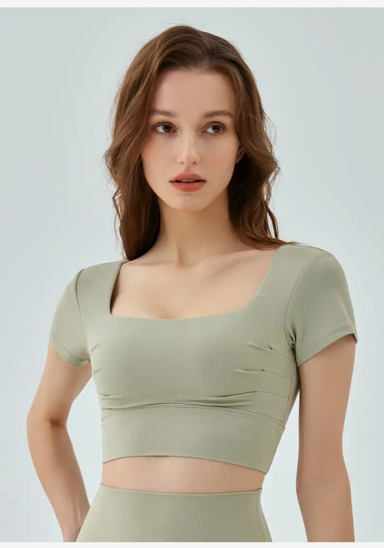Hollow-out Beauty Back Yoga Short Sleeve Women’s Removable Chest Pad Workout Top