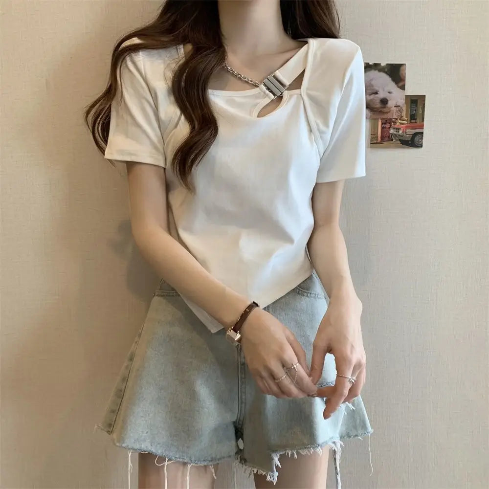 Slim Fit And Thin Cover Belly Hot Girl Irregular Short-sleeved T-shirt For Women