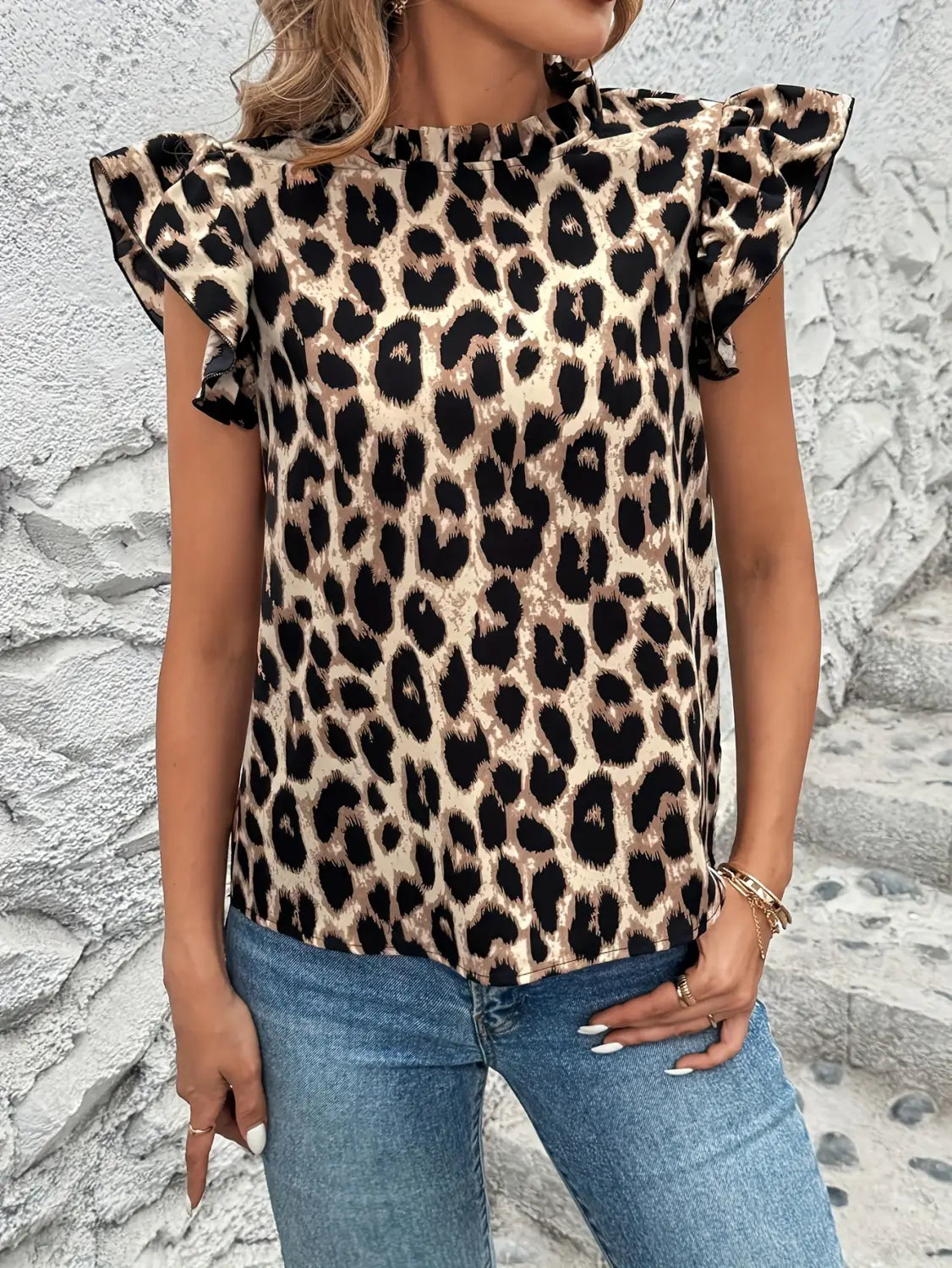 Women’s Fashion Casual Ruffled Leopard Print Flying Sleeve Shirt