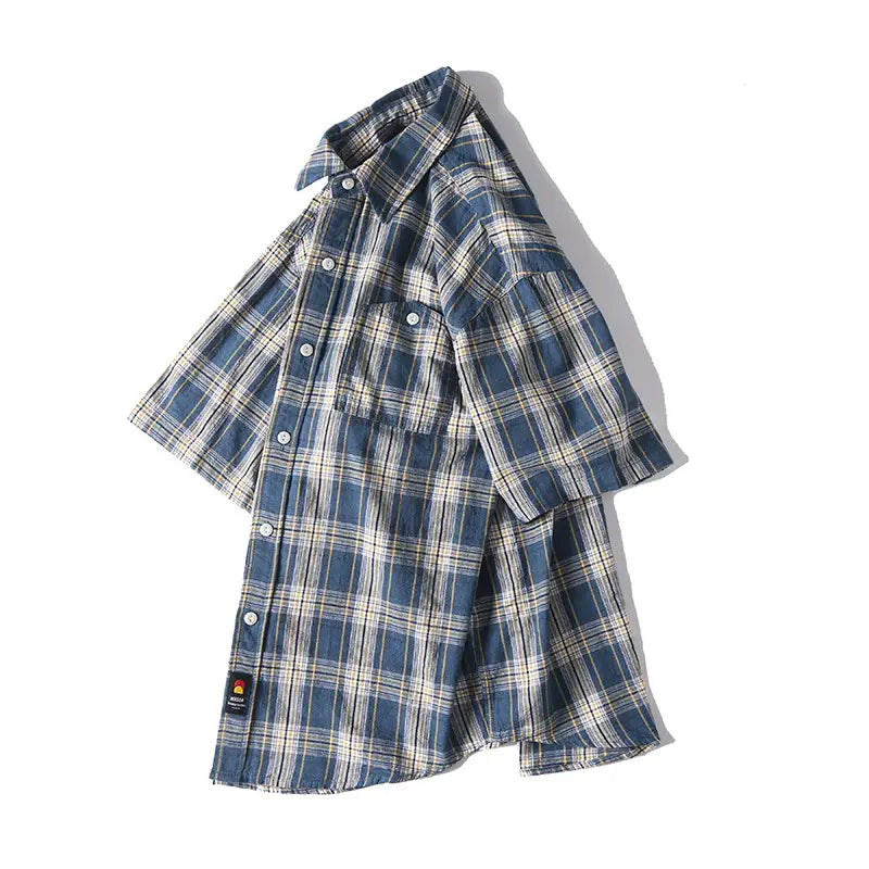 Summer New Japanese-style Retro Washed Yarn-dyed Plaid Short-sleeved Shirt