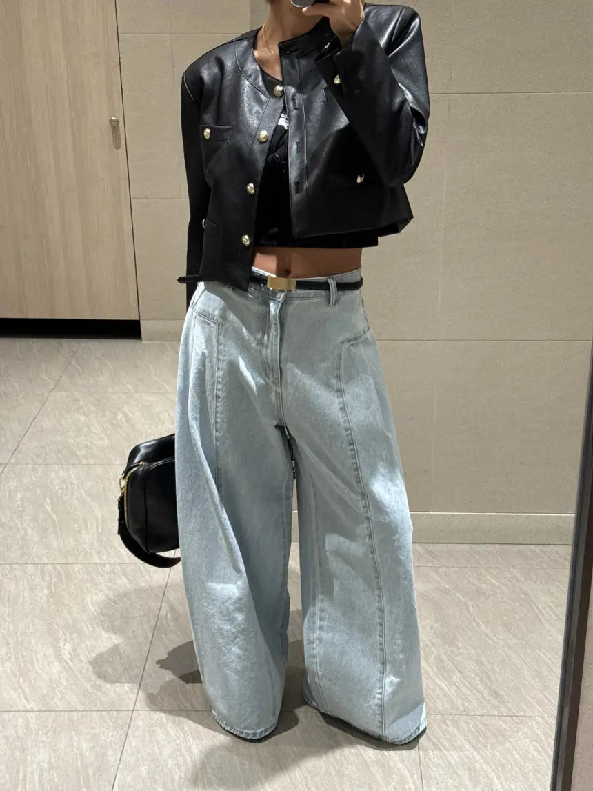 Women’s Korean-style Temperament High Waist Pleated Stitching Wide-leg Jeans