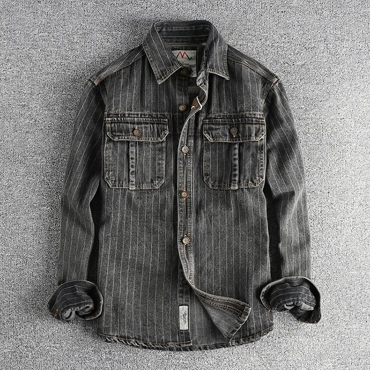 Men’s British Retro Black Gray Striped Denim Shirt