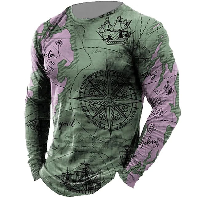 Men’s Nautical Compass Pattern Crewneck Long Sleeve T-shirt Loose Sailing Enthusiast Long T