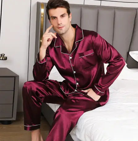 Ice Silk Men’s Long Sleeve Loose Plus Size Pajamas Suit