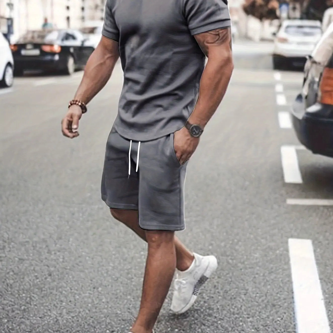 Men’s Outfit Solid Casual Crew Neck Short Sleeve T-Shirt & Drawstring Shorts 2-piece Set For Summer Outdoor Activities
