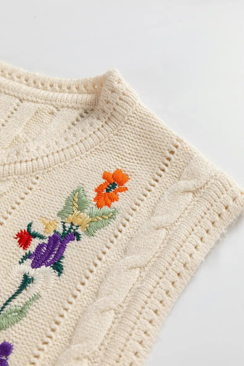Fashion Floral Embroidered Knitted Vest For Women New Niche Retro Outerwear Sleeveless Top For Women
