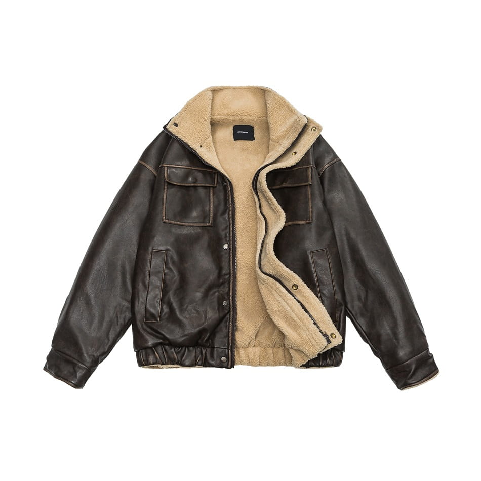 Winter PU Leather Coat Cotton-padded Coat Stand Collar Coat Thickened Lamb Wool