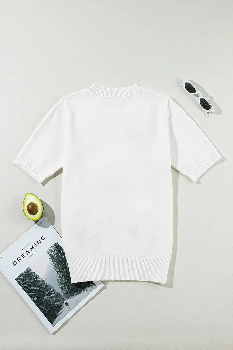 Three-dimensional Flower Decoration Half-sleeve Top European And American Commuters’ Knitted