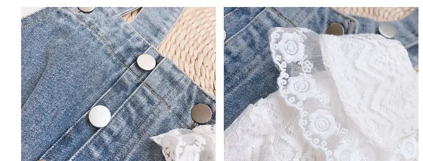 Girls Denim Overalls And Lace Shirt Two-piece Suit