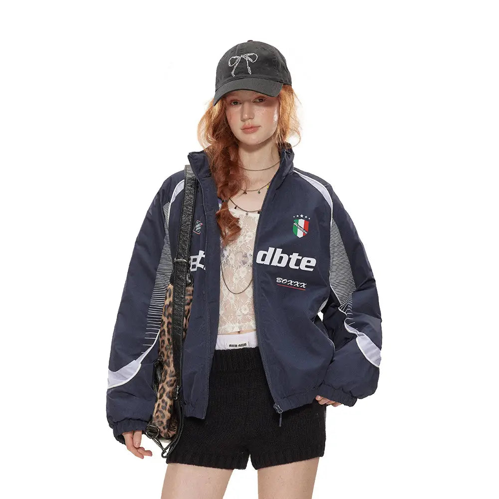 Splicing Gradient Letter Cotton Padded Loose Stand Collar Jacket