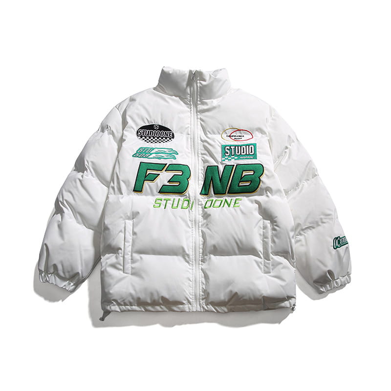 Men’s Solid Color Racing Elements Embroidered Letter Stand Collar Jacket