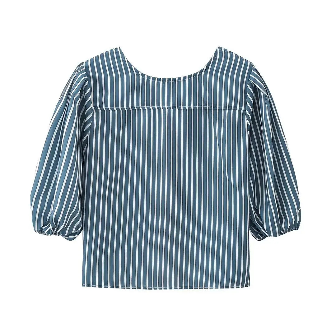 European And American Style Women’s Striped Bow Lace-up Top