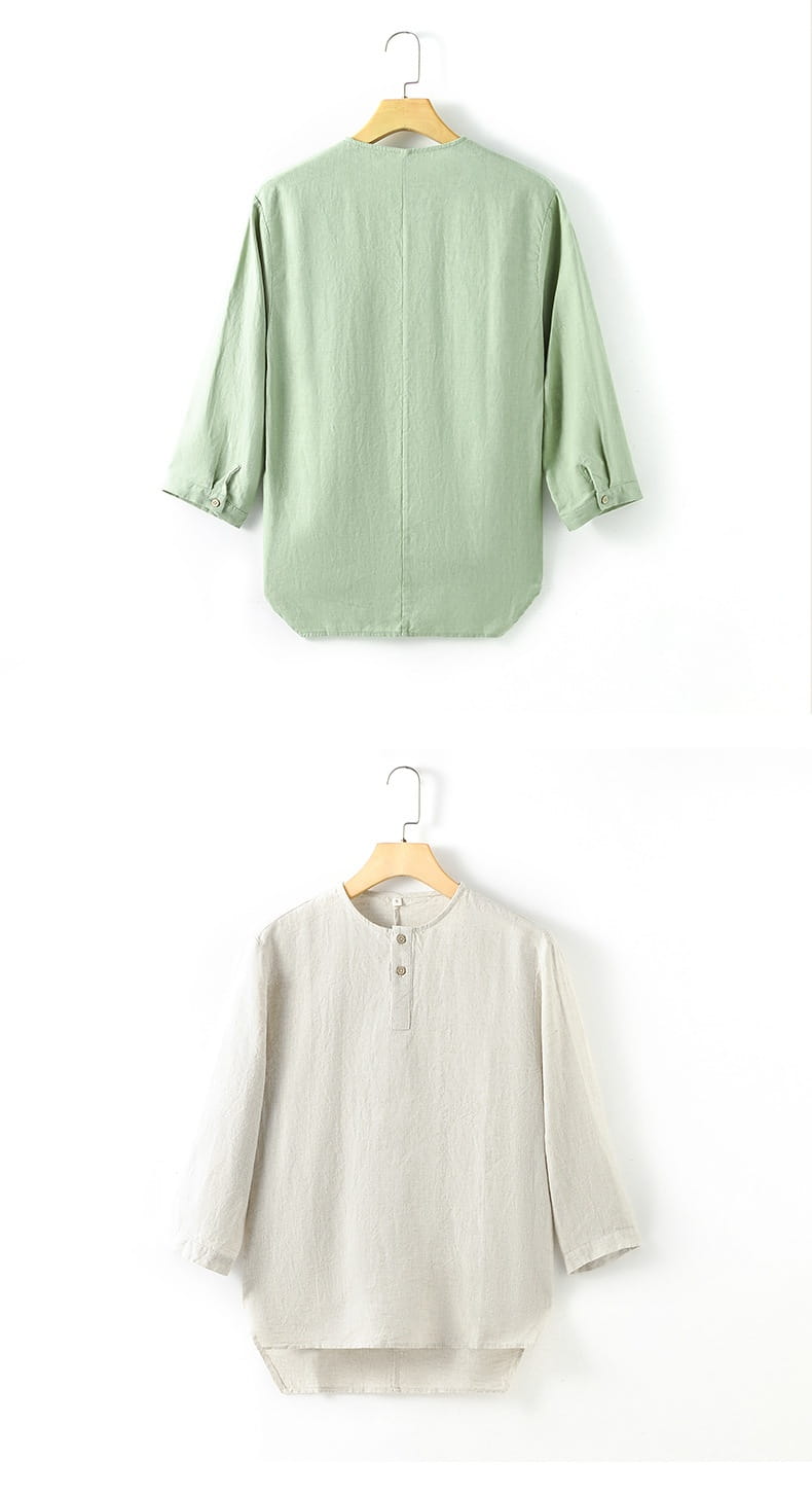 Casual Linen Men’s Simple Round Neck 34 Sleeves Linen T-shirt Loose Breathable Top