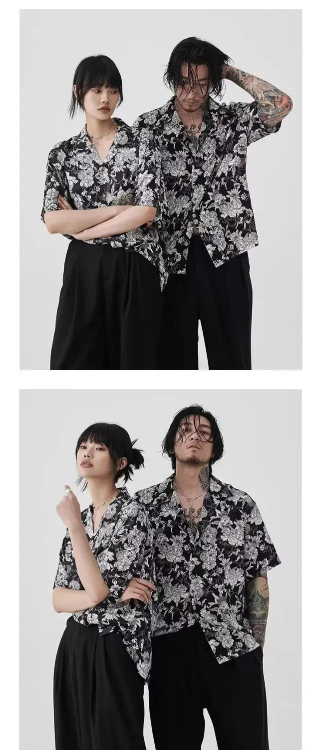 Hawaiian Black And White Camellia Summer New Short Sleeve Shirt