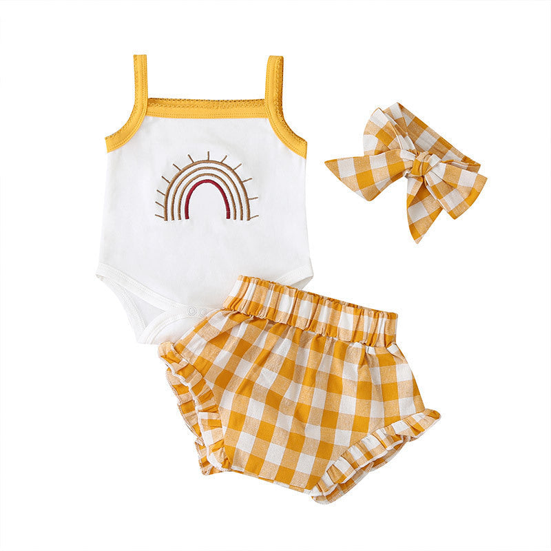 Fashion Three-Piece Baby Girl Sling Romper Plaid Shorts - 2 / 60cm