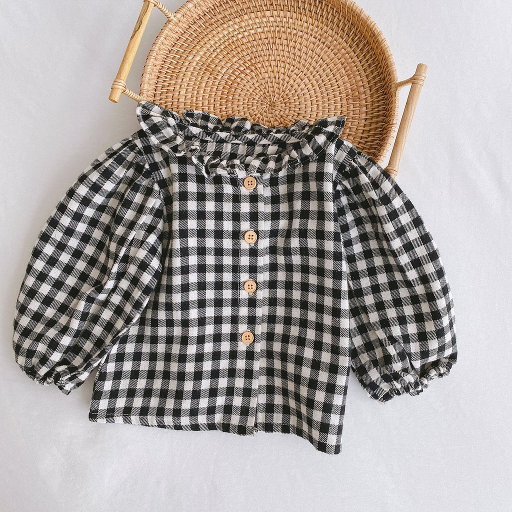 Baby Romper 0-2 Years Old Baby Clothes Baby Girl Foreign Style Pleated Lotus Leaf Sling Climber - Check shirt / 66cm