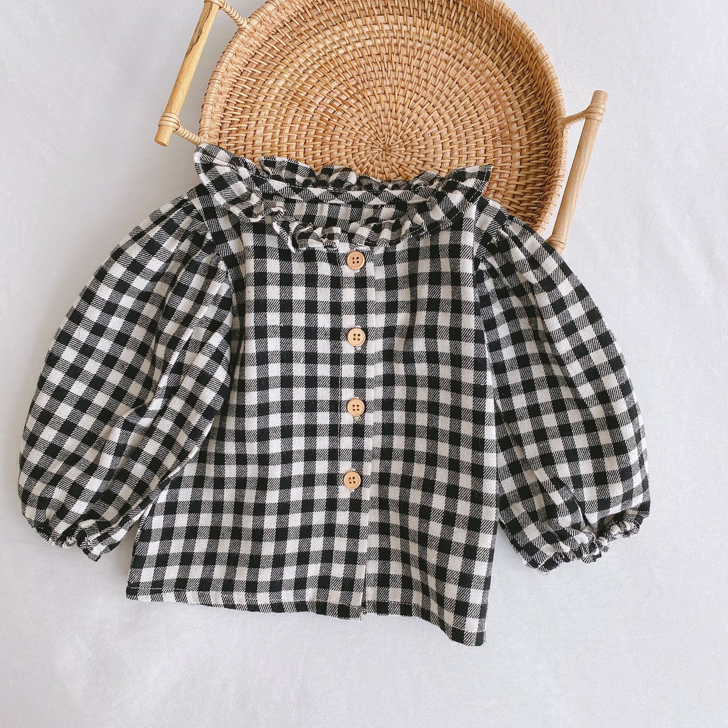 Baby Romper 0-2 Years Old Baby Clothes Baby Girl Foreign Style Pleated Lotus Leaf Sling Climber - Check shirt / 66cm