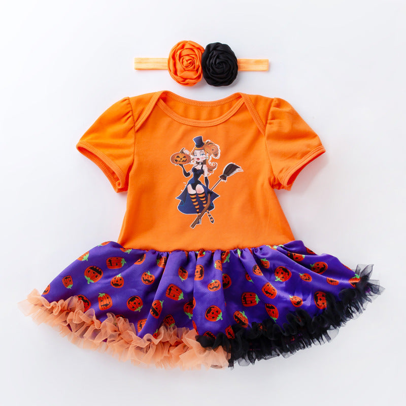 Halloween Pumpkin Short Sleeve Romper - F / 73CM