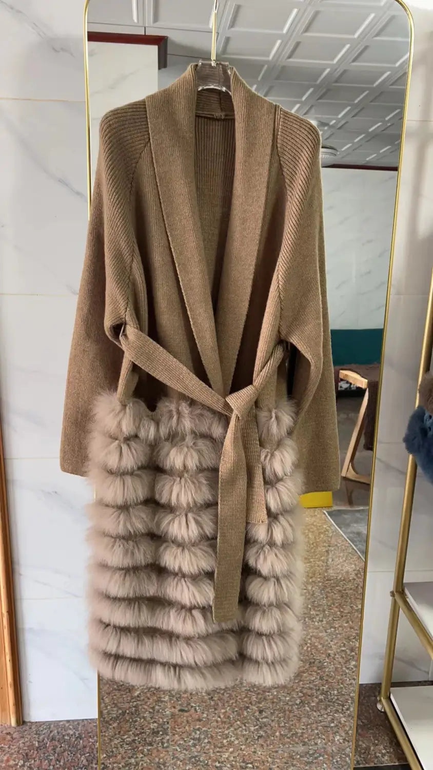 Real Fox Fur Casual Loose Sweater Lace-up Women