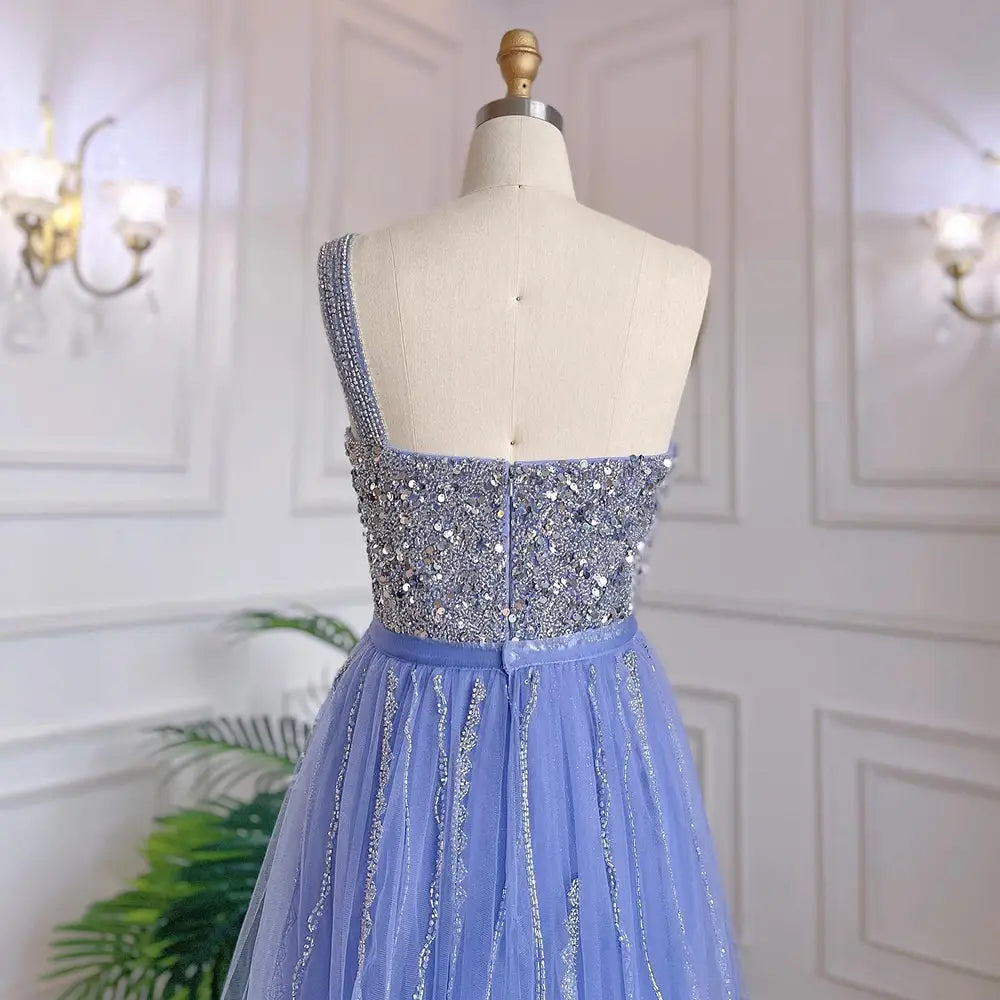 Blue Handmade Beaded Split Shoulder Fishtail Dress