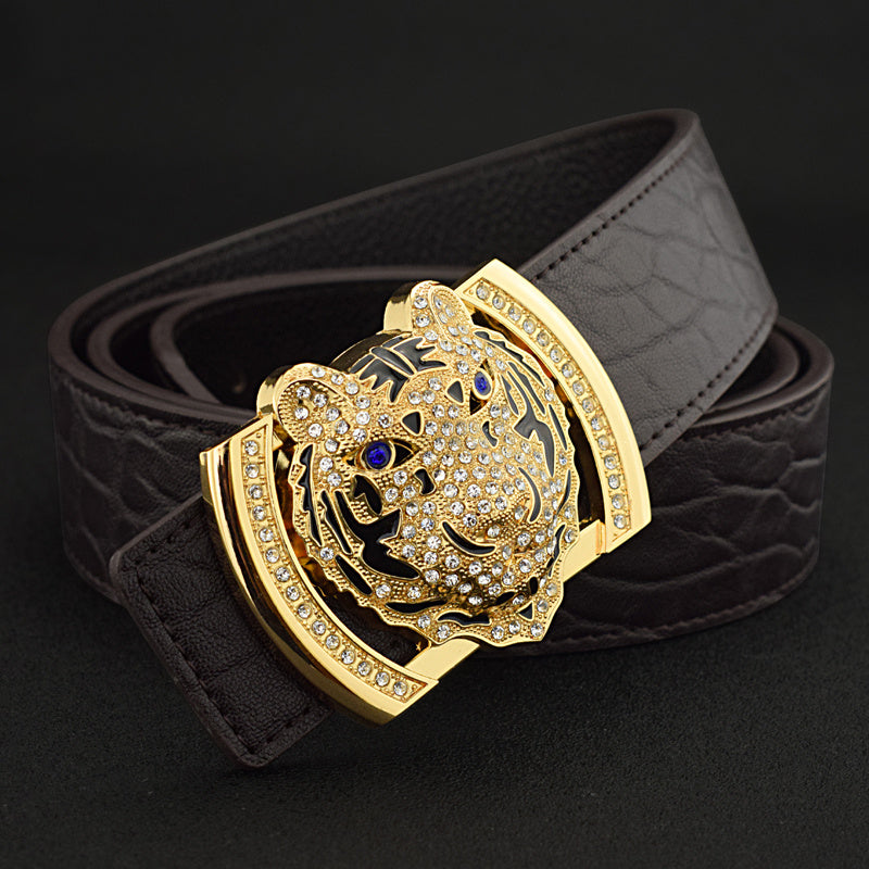 Tiger Style Men’s Casual Versatile Leather Belt - Brown / Gold buckle / 105cm