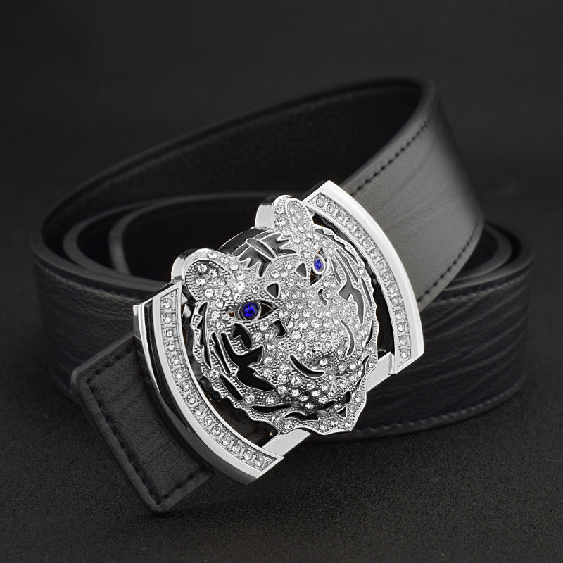Tiger Style Men’s Casual Versatile Leather Belt - Black / Silver buckle / 105cm