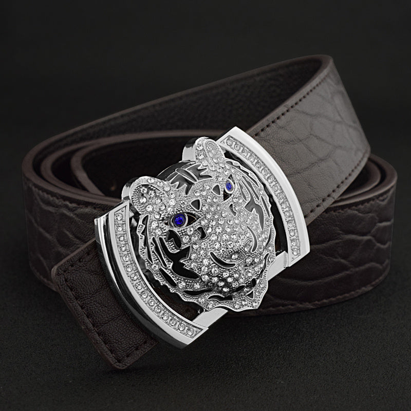 Tiger Style Men’s Casual Versatile Leather Belt - Brown / Silver buckle / 105cm