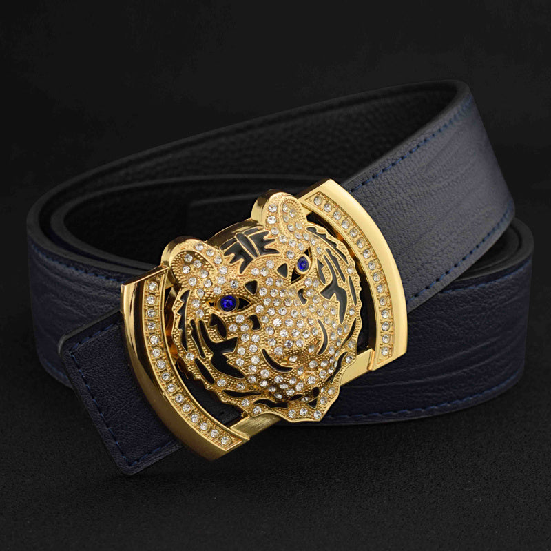 Tiger Style Men’s Casual Versatile Leather Belt - Blue / Gold buckle / 105cm