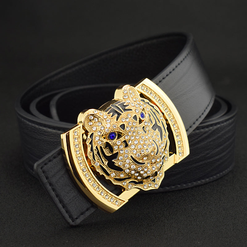 Tiger Style Men’s Casual Versatile Leather Belt - Black / Gold buckle / 105cm