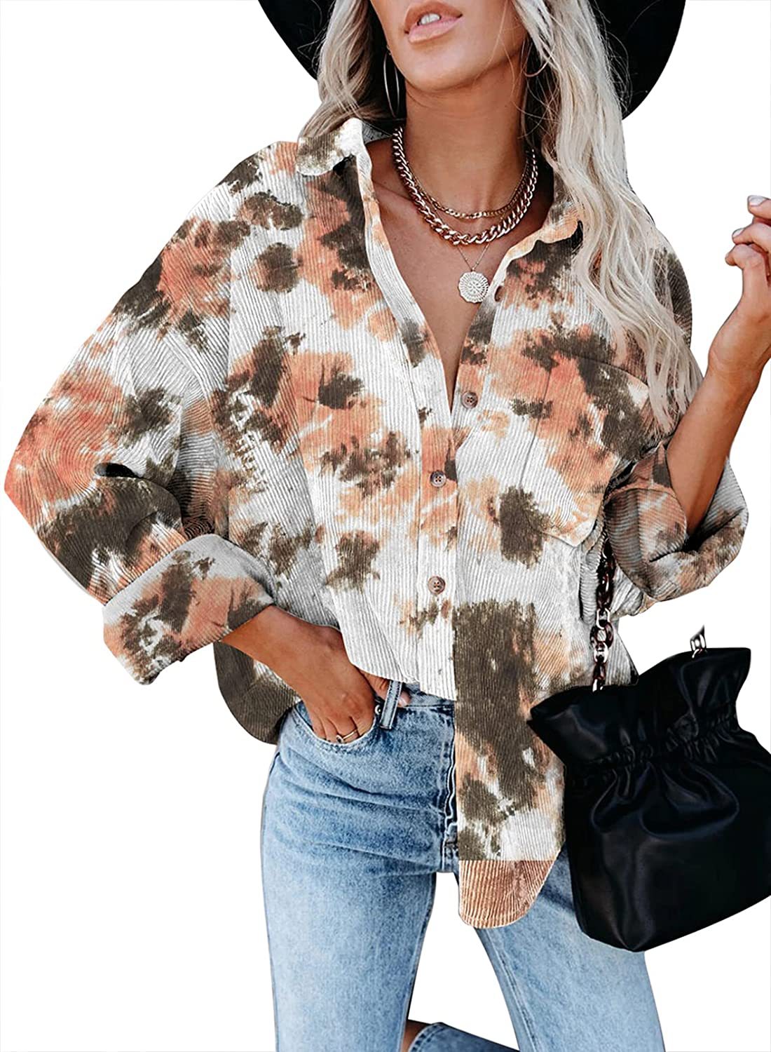 Corduroy Digital Printing Long Sleeve Buckle Loose Oversized Shirt - Orange / S