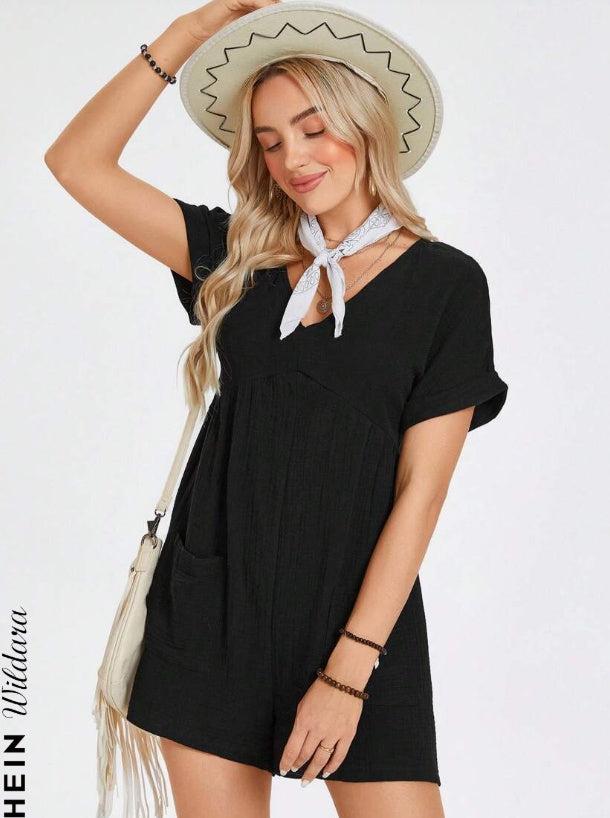 Batwing Sleeve Pocket Patched Romper - 4