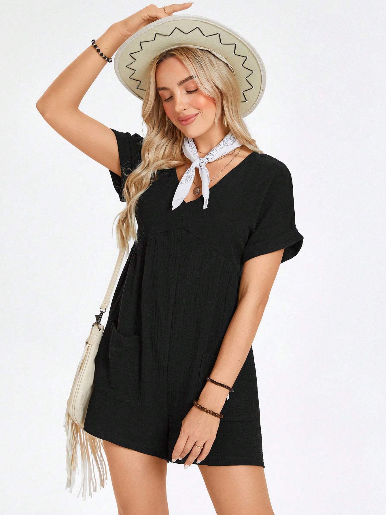 Batwing Sleeve Pocket Patched Romper - 4
