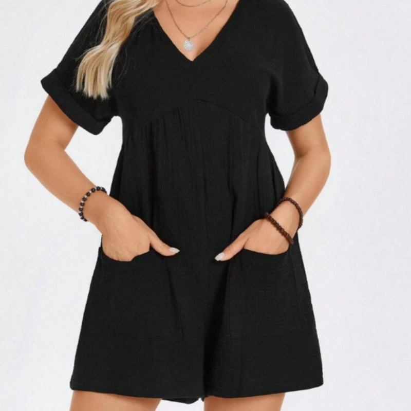 Batwing Sleeve Pocket Patched Romper - 4