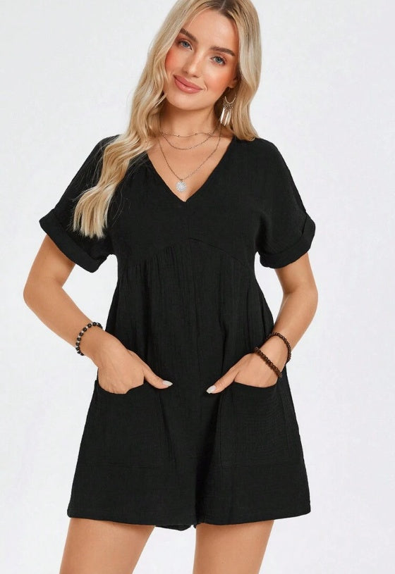 Batwing Sleeve Pocket Patched Romper - Black / S - 4