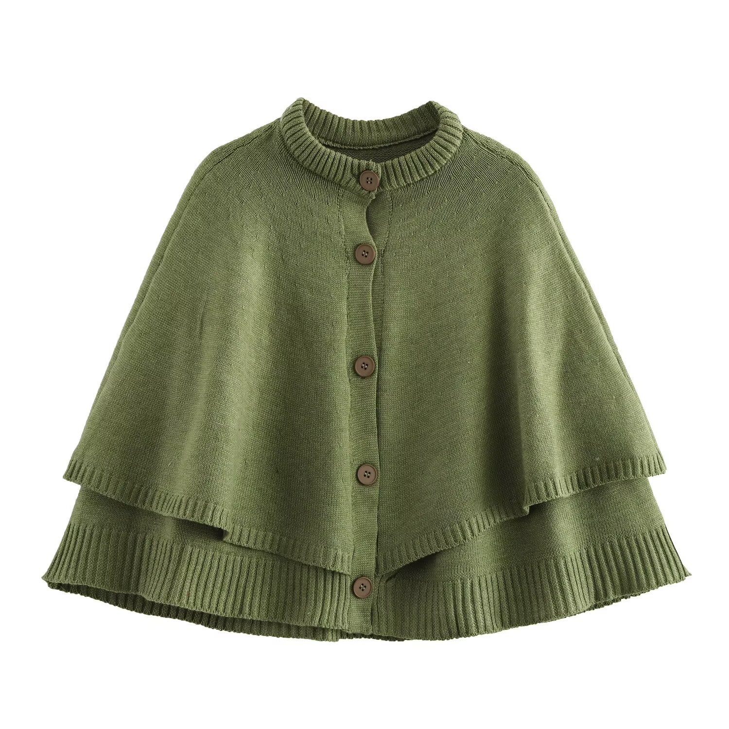 All-match Cloak Design Round Neck Knitted Coat - Green / XS