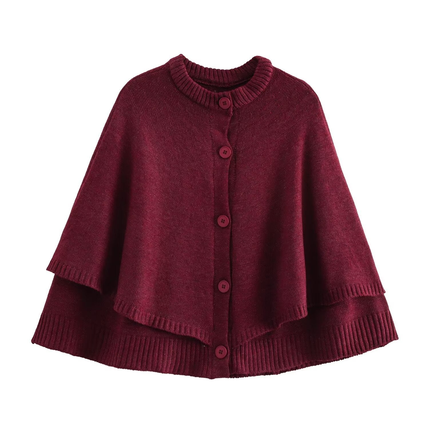 All-match Cloak Design Round Neck Knitted Coat - Wine Red / XS