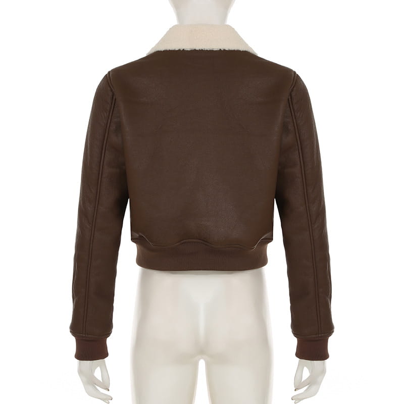 Solid Color Faux Leather Knitted Fur Lapel Zipper Basic Style Street Fashion