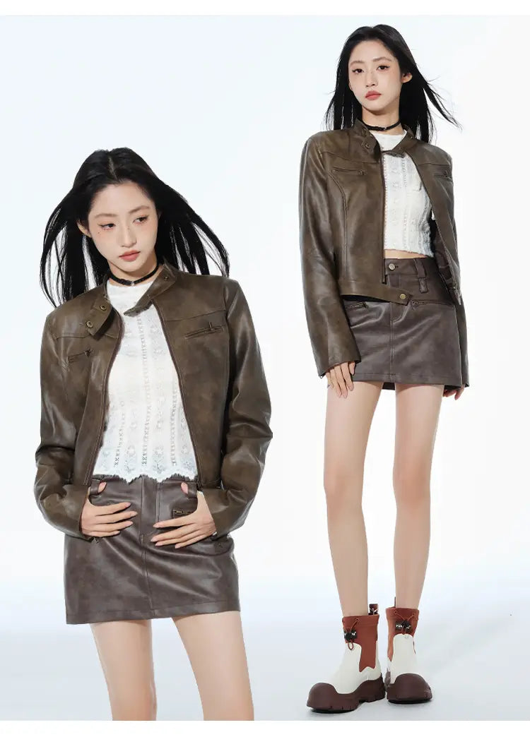 Short Leather Jacket Slim Brown Jacket Motorcycle Jacket